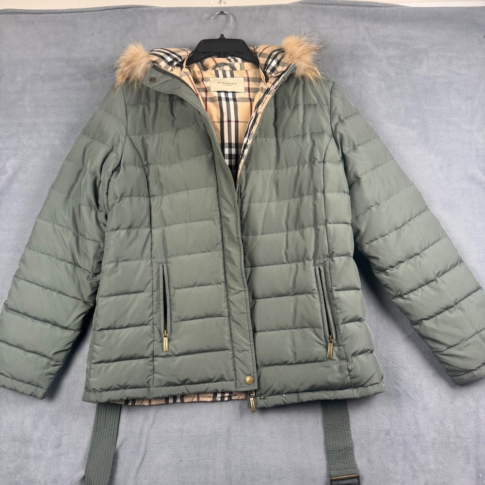 Burberry London Sage Green Puffer Jacket Nova Check Hooded Faux Fur Trim Size 44